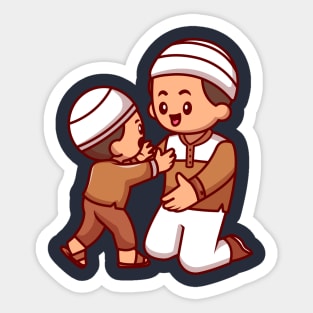 Father And Son Moslem Celebrating Eid Mubarak Cartoon Sticker